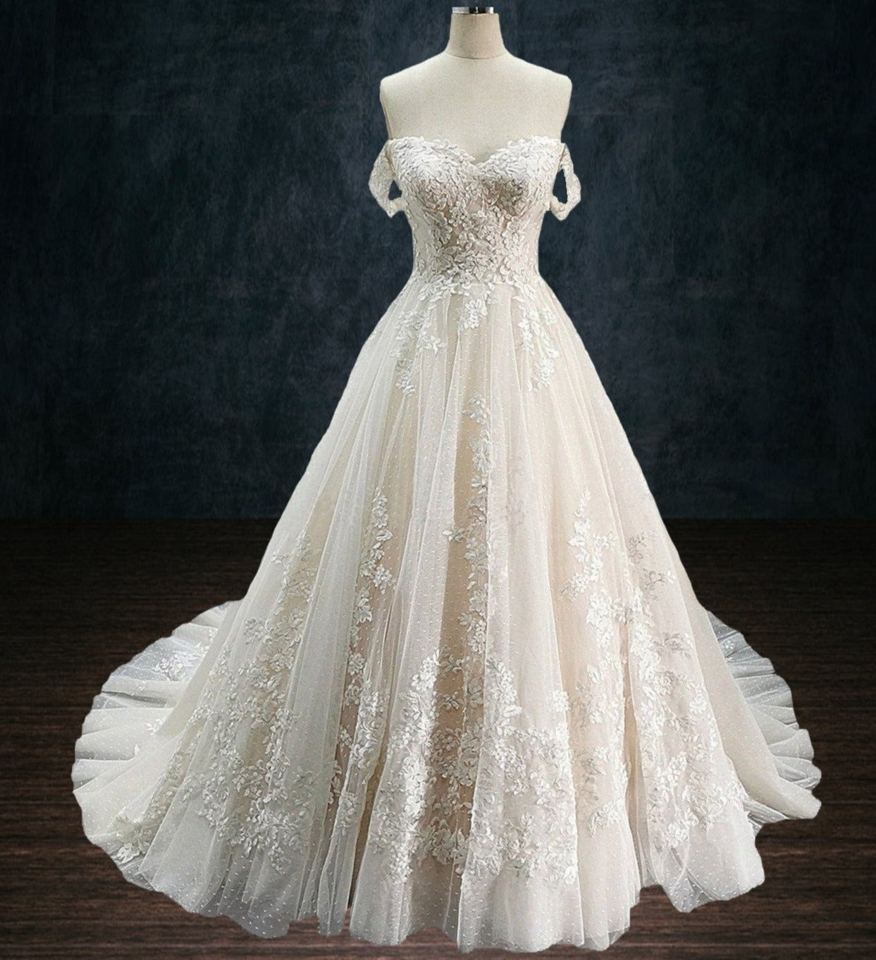 Boho Lace A-Line Wedding Dress with Dotted Tulle & Off-Shoulder Sle... 2 Boho Lace A-Line Wedding Dress with Dotted Tulle & Off-Shoulder Sle... 2