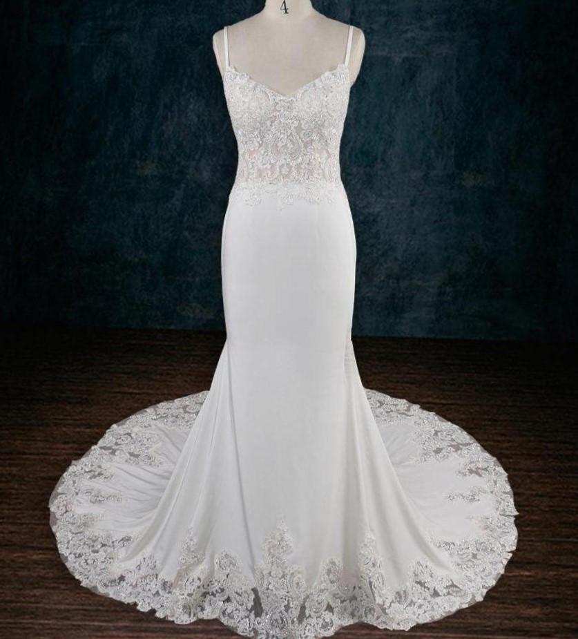 Lace Mermaid Boho Wedding Dress with Illusion Train and Crepe Skirt 18 Lace Mermaid Boho Wedding Dress with Illusion Train and Crepe Skirt 18