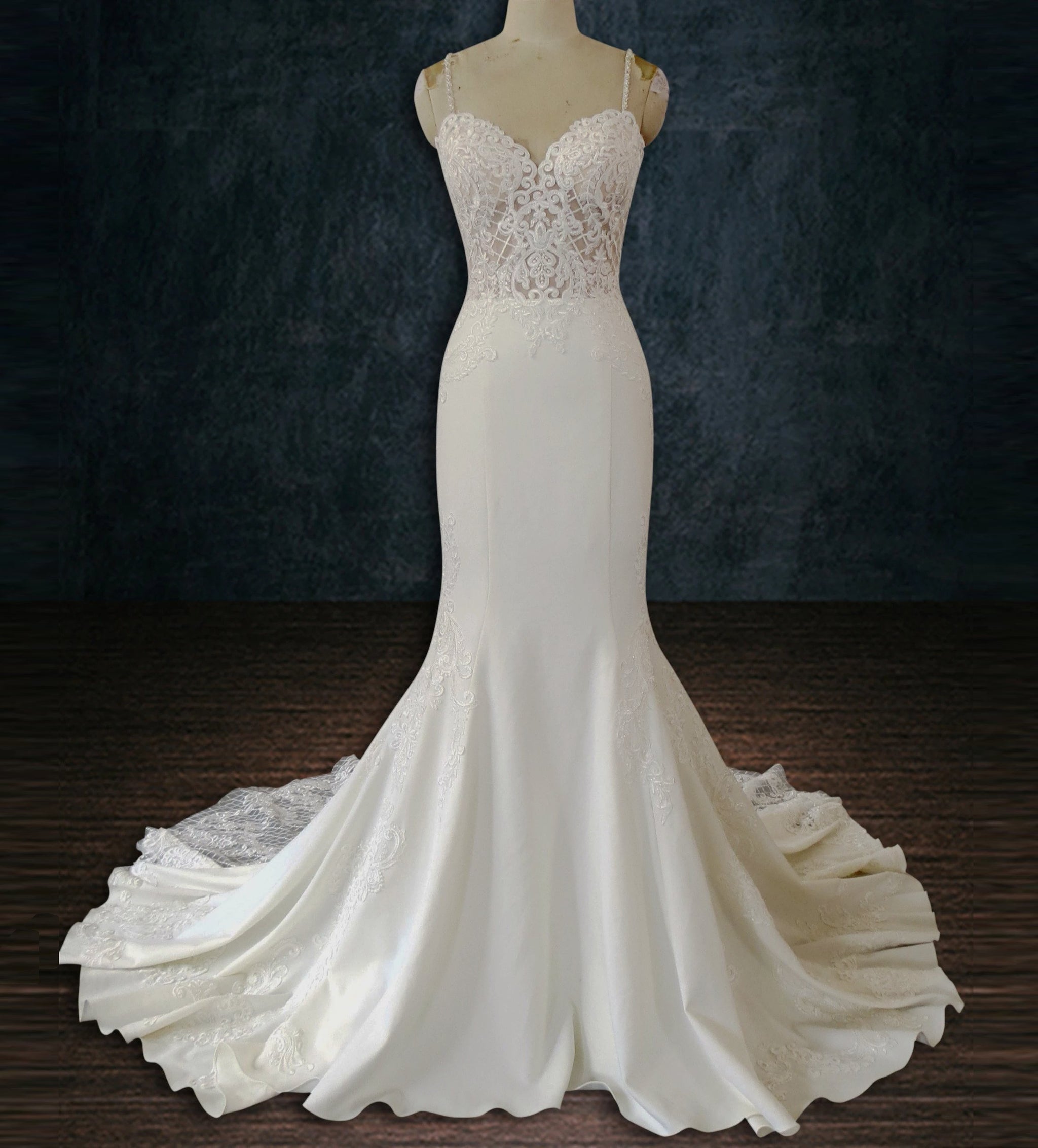 Lace and Crepe Mermaid A-Line Wedding Dress with See-Through Bodice 14 Lace and Crepe Mermaid A-Line Wedding Dress with See-Through Bodice 14