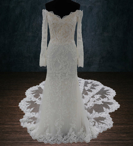 Lace Mermaid Wedding Dress with Long Off the Shoulder Sleeves and Long See Through Train