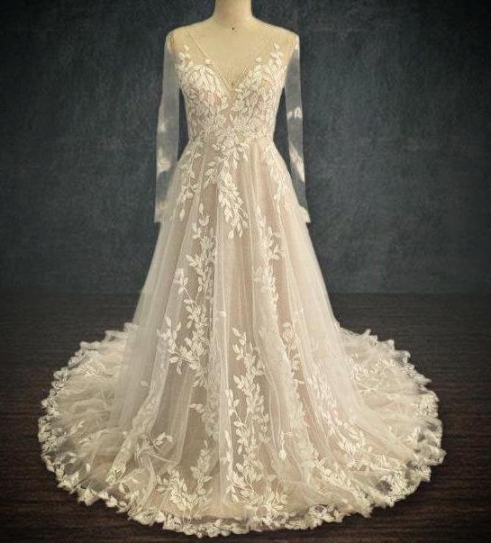 Long Sleeve Boho Fall A-Line Lace Wedding Dress with V Neck | Dresses By Linda and Agnes Long Sleeve Boho Fall A-Line Lace Wedding Dress with V Neck | Dresses By Linda and Agnes