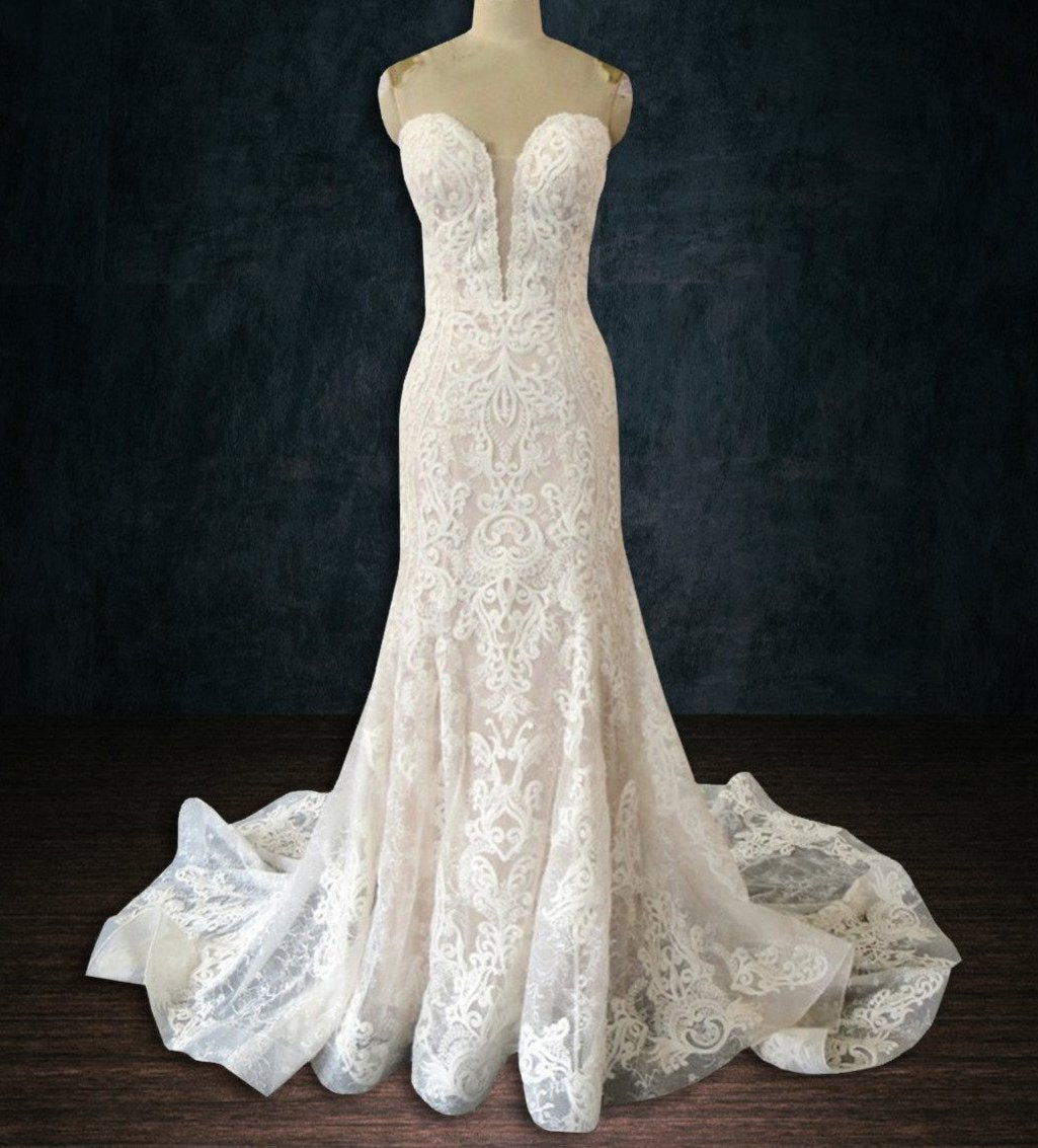 Mermaid Boho Wedding Dress with Deep Plunging Neckline Lace and Beading | Dresses By Linda and Agnes Mermaid Boho Wedding Dress with Deep Plunging Neckline Lace and Beading | Dresses By Linda and Agnes