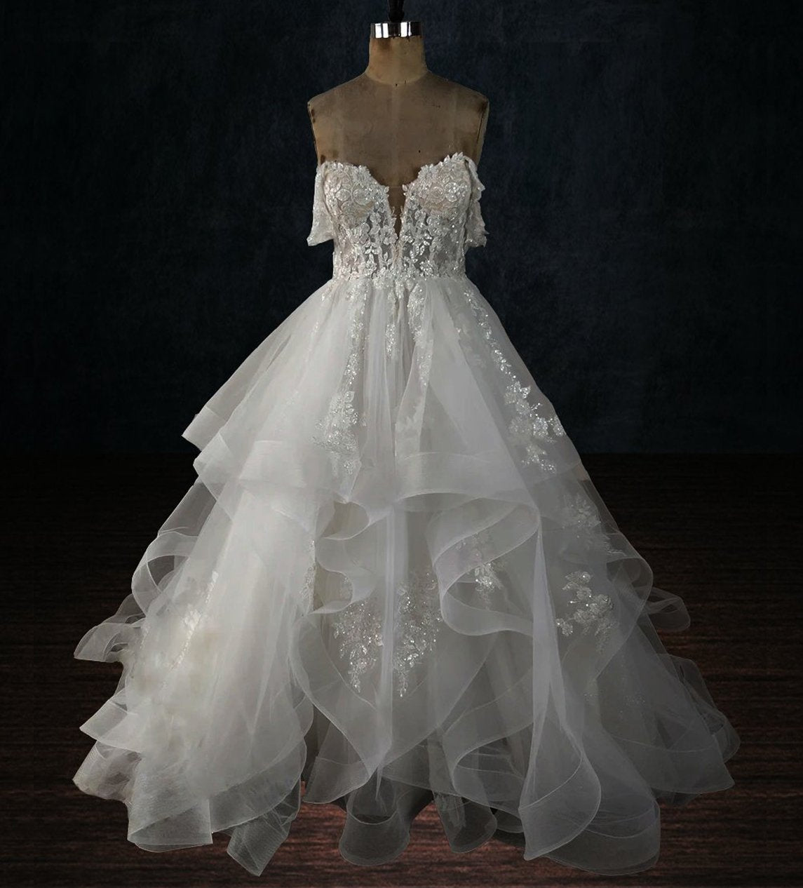 Sparkly Boho Lace Wedding Dress with Deep V-Neck & Ruffled Skirt 8 Sparkly Boho Lace Wedding Dress with Deep V-Neck & Ruffled Skirt 8