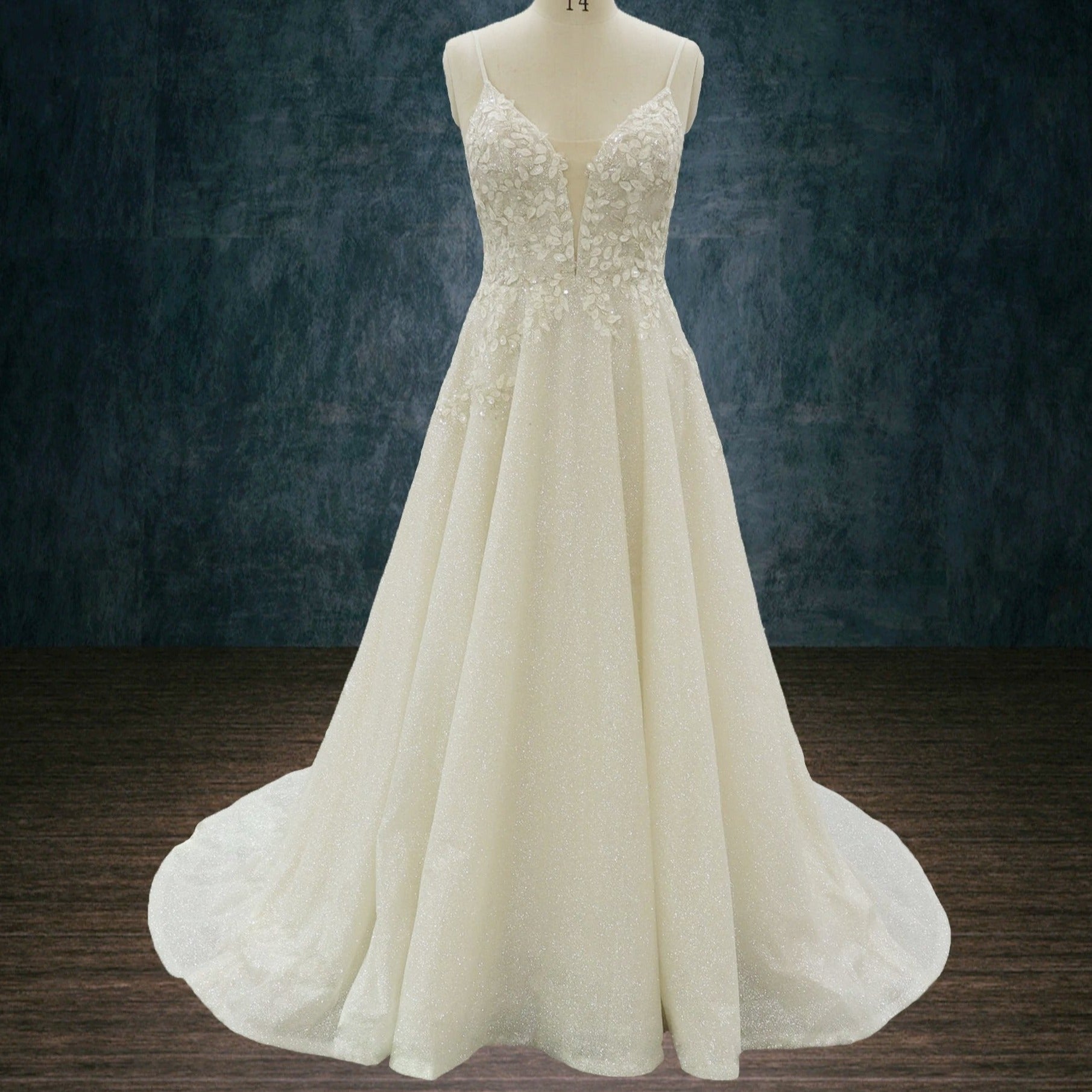 Glitter Tulle and Lace A-Line Wedding Dress with Deep Plunging Neckline | Dresses By Linda and Agnes Glitter Tulle and Lace A-Line Wedding Dress with Deep Plunging Neckline | Dresses By Linda and Agnes
