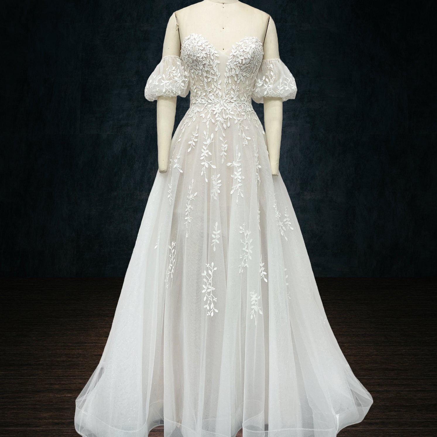 A-Line Lace Wedding Dress with Deep Plunging Neckline and Removable Short Puffy Sleeves | Dresses By Linda and Agnes A-Line Lace Wedding Dress with Deep Plunging Neckline and Removable Short Puffy Sleeves | Dresses By Linda and Agnes