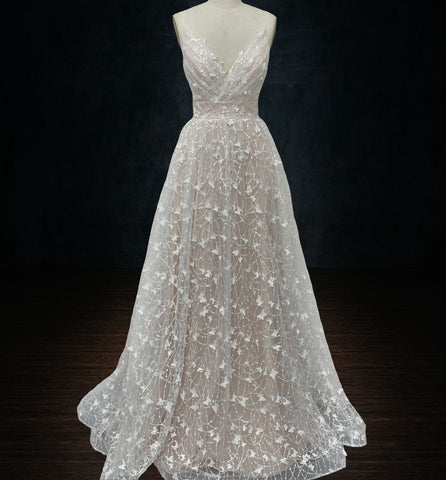 A-Line Lace Wedding Dress with Spaghetti Straps and Butterflys