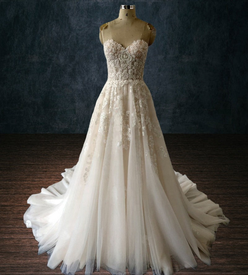 Beaded Lace Boho A-Line Wedding Dress with Sweetheart Neckline