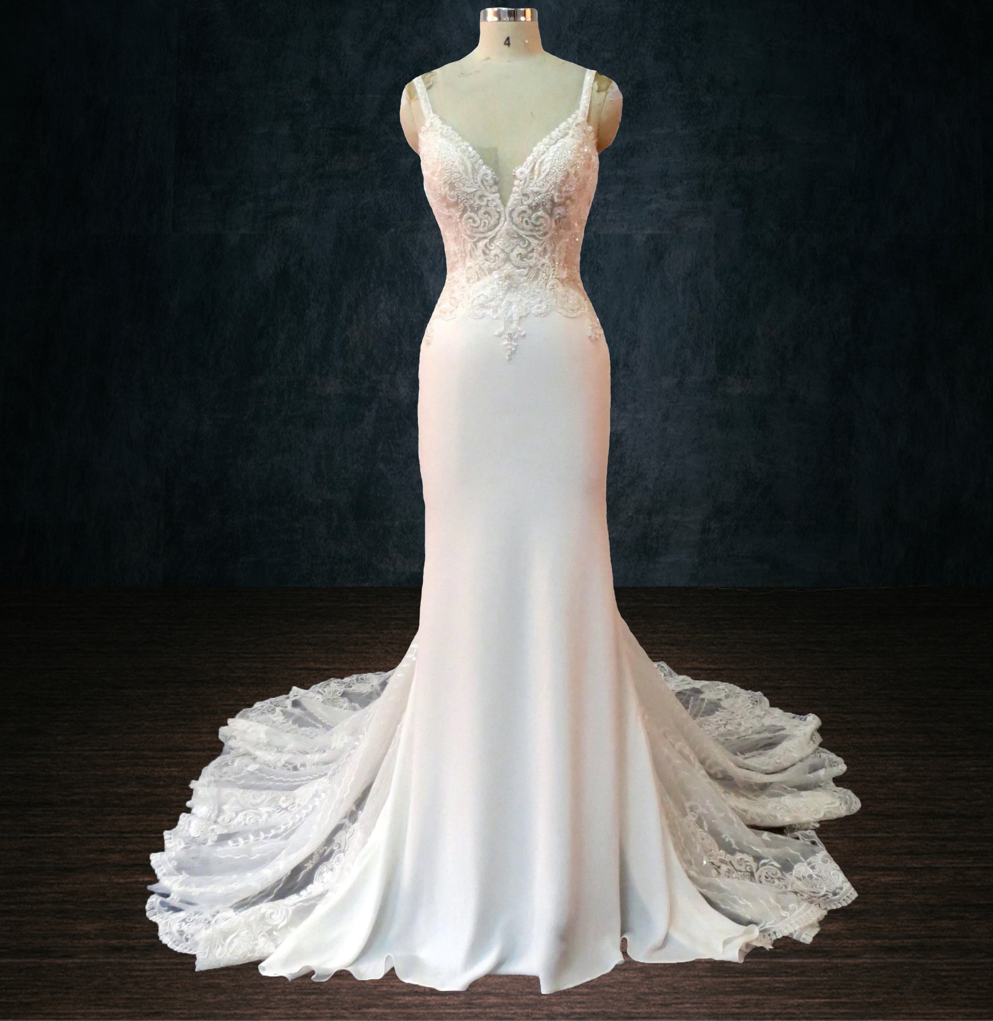 Beaded Lace Mermaid Wedding Dress with V-Neck and Crepe Skirt 24 Beaded Lace Mermaid Wedding Dress with V-Neck and Crepe Skirt 24