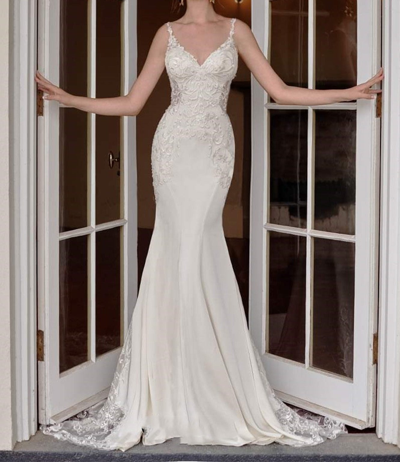 Crepe and Lace Mermaid Wedding Dress with V Neck and Low Back