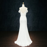 Stretchy Crepe Wedding Dress with a Slit, Ruching and Off the Shoulder Sleeves