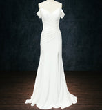Stretchy Crepe Wedding Dress with a Slit, Ruching and Off the Shoulder Sleeves
