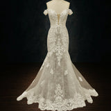 Lace Mermaid Wedding Dress with Corset Boning Off the Shoulder Sleeves and Deep Plunging Neckline