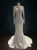 Long Sleeve Lace Crepe Wedding Dress with Deep Plunging Neckline