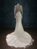 Long Sleeve Lace Crepe Wedding Dress with Deep Plunging Neckline