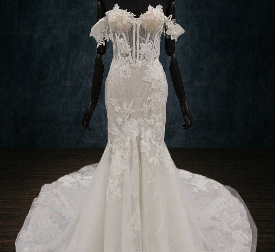 Sparkly Lace Mermaid Wedding Dress with Fabric Flowers and Corset | Dresses By Linda and Agnes Sparkly Lace Mermaid Wedding Dress with Fabric Flowers and Corset | Dresses By Linda and Agnes